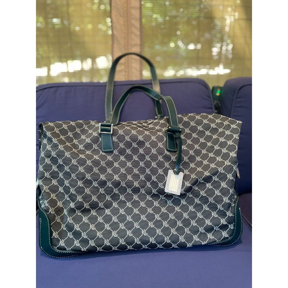 Lauren Ralph Lauren Green Monogram Jacquard Large Weekender Duffle Travel Bag